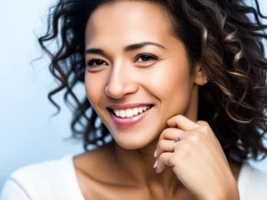 AI generated. A beautiful smiling mixed-race woman wearing sterling silver jewelry.