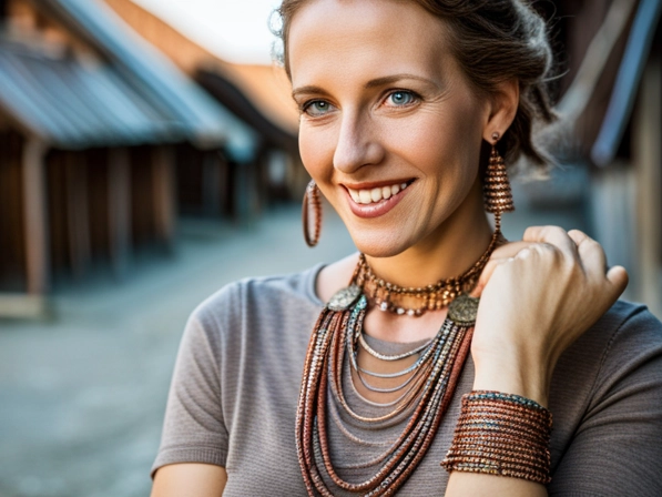 AI-generated. A beautiful smiling Caucasian woman wearing bold handmade jewelry.