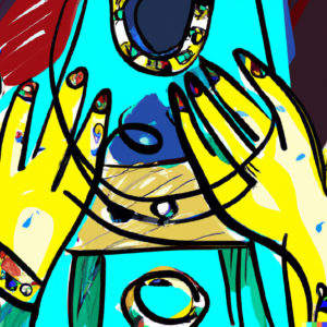 AI generated. An abstract image of hands and jewelry in bright colors.