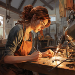 AI generated image of a jeweler crafting at a table.