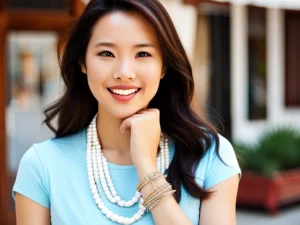 AI generated image. A beautiful smiling Asian woman wearing chunky beaded jewelry.