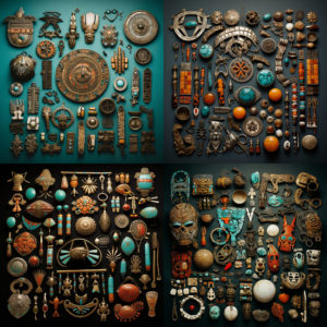 AI generated. Four images intended to represent the variety of jewelry designs of the ancient Americas.